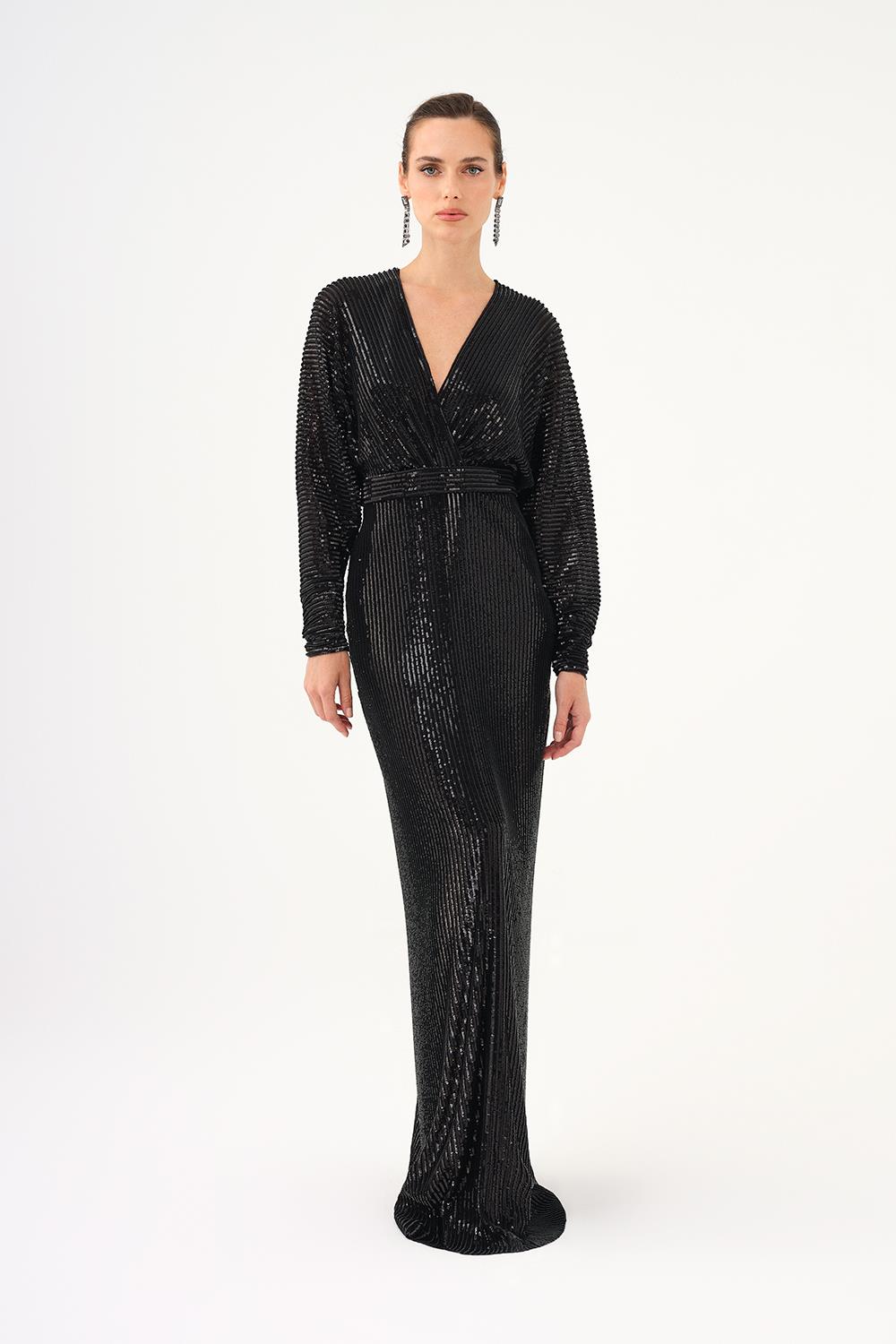 V Neck Long Sleeve Sequin Long Evening Dress - 9114C