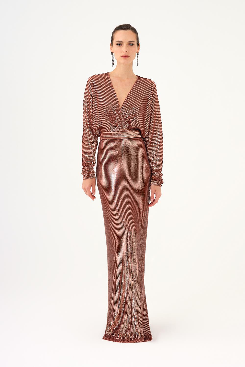 V Neck Long Sleeve Sequin Long Evening Dress - 9114C