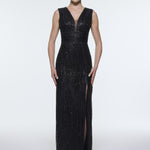 V-Neck Sleeveless Evening Dress with Stone Embroidery - 9349C