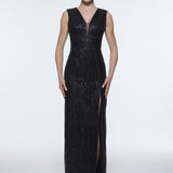V-Neck Sleeveless Evening Dress with Stone Embroidery - 9349C