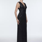 V-Neck Sleeveless Evening Dress with Stone Embroidery - 9349C