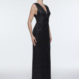 V-Neck Sleeveless Evening Dress with Stone Embroidery - 9349C