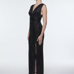 V-Neck Sleeveless Evening Dress with Stone Embroidery - 9349C