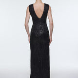 V-Neck Sleeveless Evening Dress with Stone Embroidery - 9349C