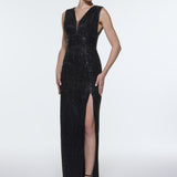 V-Neck Sleeveless Evening Dress with Stone Embroidery - 9349C