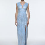 V-Neck Sleeveless Evening Dress with Stone Embroidery - 9349C