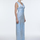 V-Neck Sleeveless Evening Dress with Stone Embroidery - 9349C