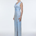 V-Neck Sleeveless Evening Dress with Stone Embroidery - 9349C