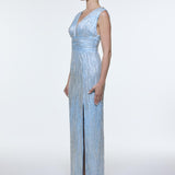 V-Neck Sleeveless Evening Dress with Stone Embroidery - 9349C