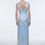 V-Neck Sleeveless Evening Dress with Stone Embroidery - 9349C