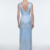 V-Neck Sleeveless Evening Dress with Stone Embroidery - 9349C