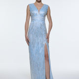 V-Neck Sleeveless Evening Dress with Stone Embroidery - 9349C