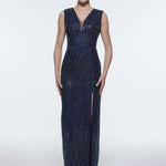 V-Neck Sleeveless Evening Dress with Stone Embroidery - 9349C