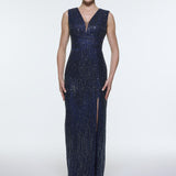 V-Neck Sleeveless Evening Dress with Stone Embroidery - 9349C