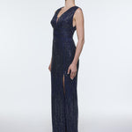 V-Neck Sleeveless Evening Dress with Stone Embroidery - 9349C