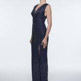 V-Neck Sleeveless Evening Dress with Stone Embroidery - 9349C