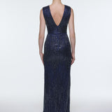 V-Neck Sleeveless Evening Dress with Stone Embroidery - 9349C