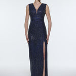 V-Neck Sleeveless Evening Dress with Stone Embroidery - 9349C