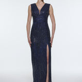 V-Neck Sleeveless Evening Dress with Stone Embroidery - 9349C