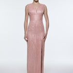 V-Neck Sleeveless Evening Dress with Stone Embroidery - 9349C