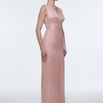 V-Neck Sleeveless Evening Dress with Stone Embroidery - 9349C