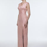 V-Neck Sleeveless Evening Dress with Stone Embroidery - 9349C