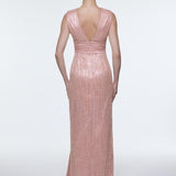 V-Neck Sleeveless Evening Dress with Stone Embroidery - 9349C