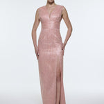V-Neck Sleeveless Evening Dress with Stone Embroidery - 9349C