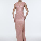 V-Neck Sleeveless Evening Dress with Stone Embroidery - 9349C