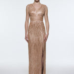 V-Neck Sleeveless Evening Dress with Stone Embroidery - 9349C