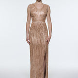 V-Neck Sleeveless Evening Dress with Stone Embroidery - 9349C