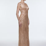 V-Neck Sleeveless Evening Dress with Stone Embroidery - 9349C