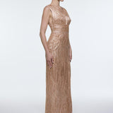 V-Neck Sleeveless Evening Dress with Stone Embroidery - 9349C