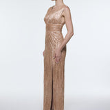 V-Neck Sleeveless Evening Dress with Stone Embroidery - 9349C