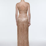 V-Neck Sleeveless Evening Dress with Stone Embroidery - 9349C