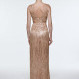 V-Neck Sleeveless Evening Dress with Stone Embroidery - 9349C