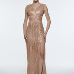 V-Neck Sleeveless Evening Dress with Stone Embroidery - 9349C