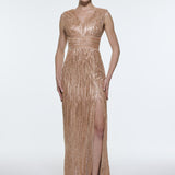 V-Neck Sleeveless Evening Dress with Stone Embroidery - 9349C