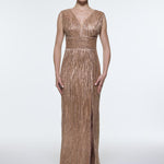 V-Neck Sleeveless Evening Dress with Stone Embroidery - 9349C