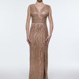 V-Neck Sleeveless Evening Dress with Stone Embroidery - 9349C