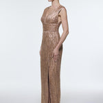 V-Neck Sleeveless Evening Dress with Stone Embroidery - 9349C