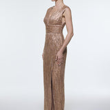V-Neck Sleeveless Evening Dress with Stone Embroidery - 9349C