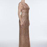 V-Neck Sleeveless Evening Dress with Stone Embroidery - 9349C