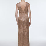 V-Neck Sleeveless Evening Dress with Stone Embroidery - 9349C