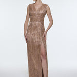 V-Neck Sleeveless Evening Dress with Stone Embroidery - 9349C