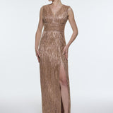 V-Neck Sleeveless Evening Dress with Stone Embroidery - 9349C