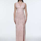 V-Neck Sleeveless Evening Dress with Stone Embroidery - 9349C