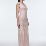 V-Neck Sleeveless Evening Dress with Stone Embroidery - 9349C