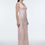 V-Neck Sleeveless Evening Dress with Stone Embroidery - 9349C
