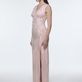 V-Neck Sleeveless Evening Dress with Stone Embroidery - 9349C